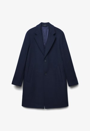 Navy blue wool coat with notch lapel collar, two buttons down the front, and slanted welt pockets on both sides.