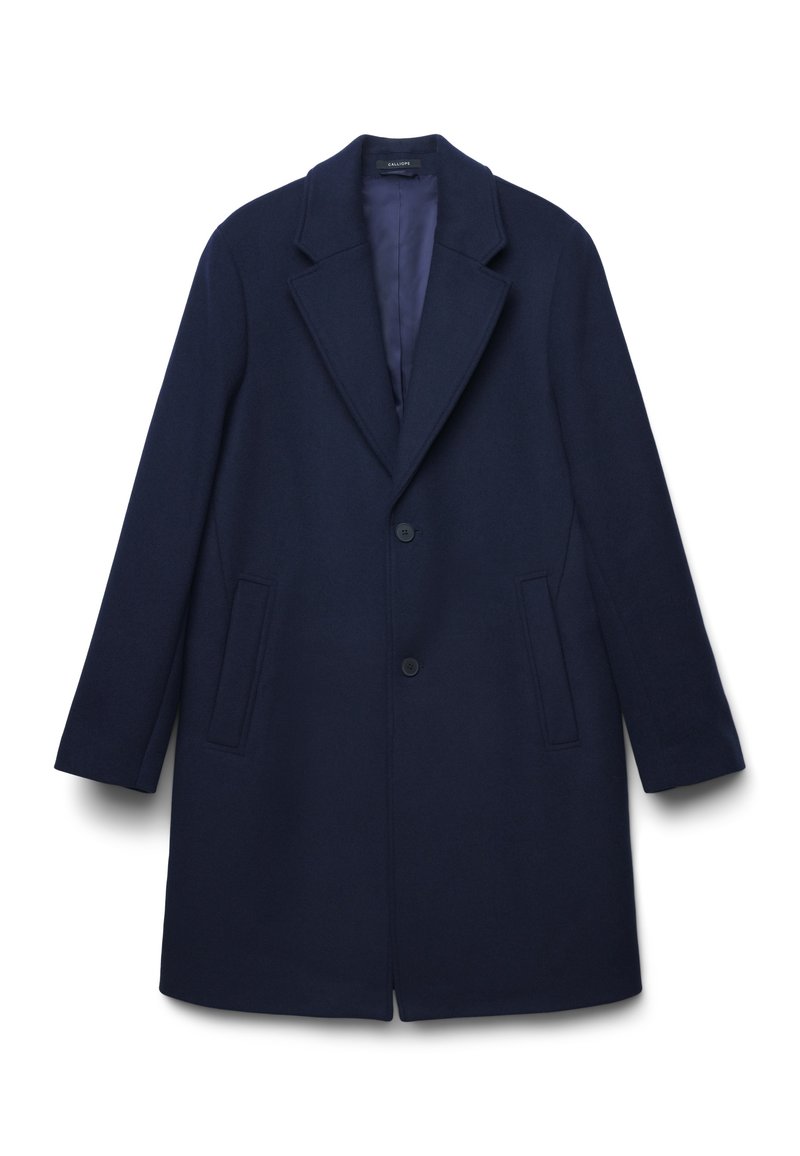 Cappotto in lana blu navy con colletto a revers, due bottoni sul davanti e tasche a filetto oblique su entrambi i lati.