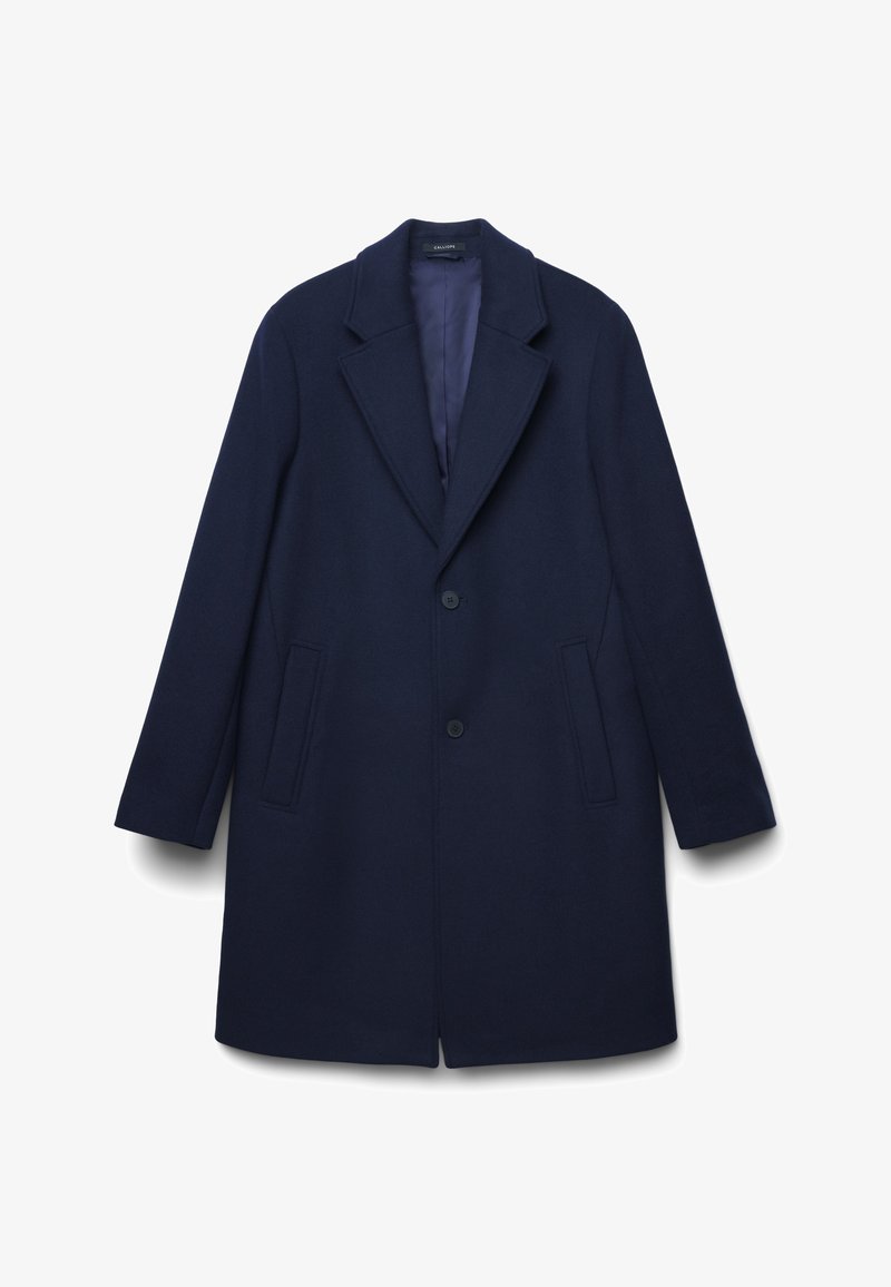 Cappotto in lana blu navy con colletto a revers, due bottoni sul davanti e tasche a filetto oblique su entrambi i lati.