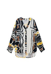 Chemise à manches longues et boutons présentant un motif abstrait multicolore avec du jaune, du marron et du noir sur fond blanc, avec un ourlet courbé.