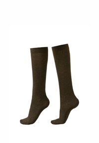 Brown knee-high socks with a smooth texture and subtle sparkle. Features a ribbed cuff and a straight, unbulky design.