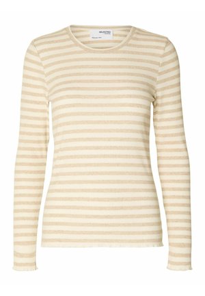Langsleeve top in roomkleur met dunne beige strepen, gemaakt van ribbelstof. Beschikt over een ronde halslijn en een aansluitende snit.