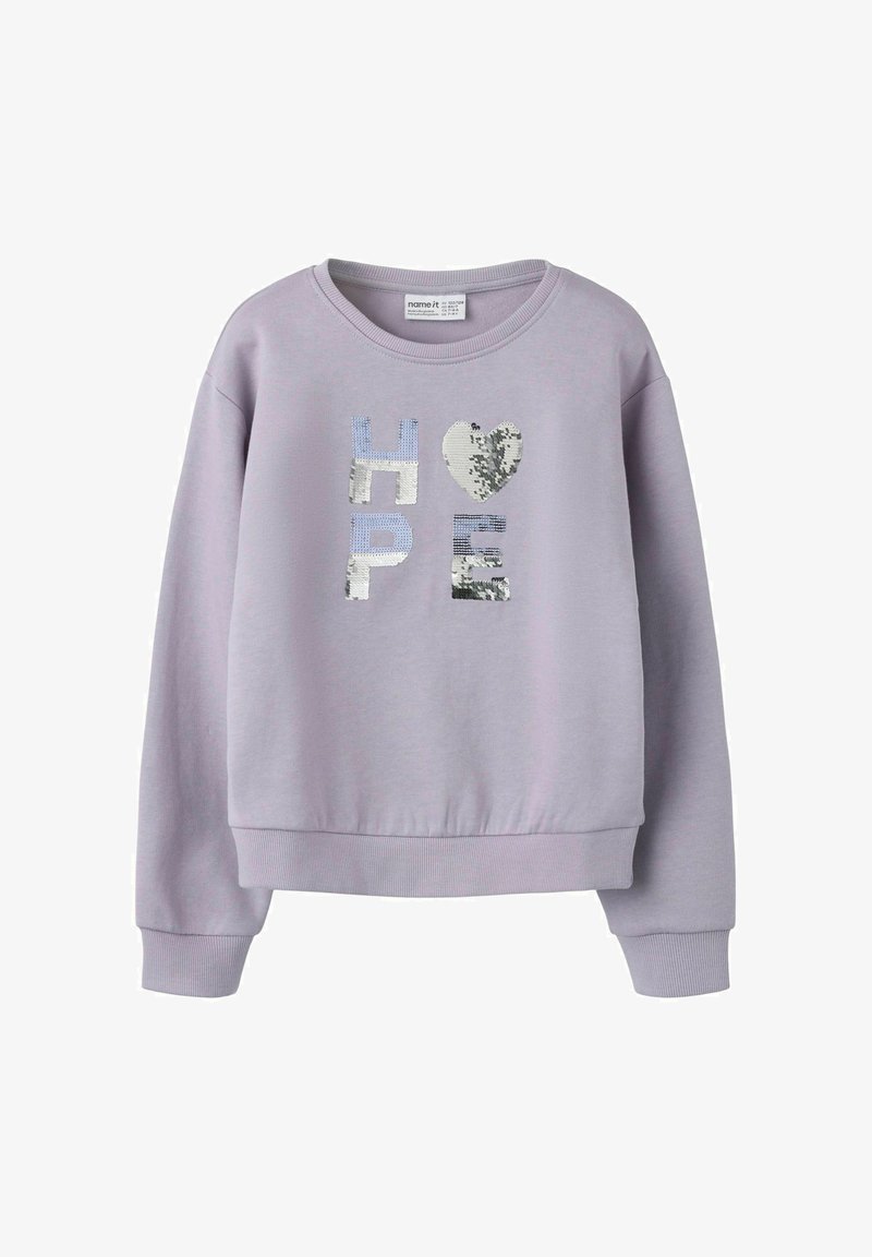 Felpa lilla con maniche lunghe e polsini a coste. La scritta "HOPE" e un cuore realizzati con paillettes multicolori sul davanti. Tessuto morbido e texture piacevole.