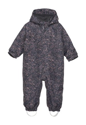 Mörkgrå snödräkt med ett blommönster i rosa, med huva, elastiska ärmslut och fästen för fötterna. Tillverkad av vattentåligt material.