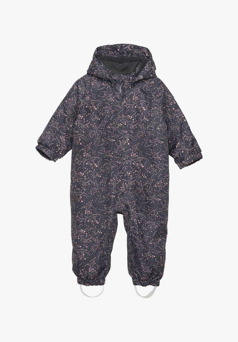 Mörkgrå snödräkt med ett blommönster i rosa, med huva, elastiska ärmslut och fästen för fötterna. Tillverkad av vattentåligt material.