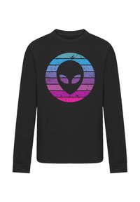 Schwarzes Langarm-T-Shirt mit einem abgenutzten Alien-Grafik innerhalb eines Kreises, umgeben von horizontalen Streifen in einem Farbverlauf von Blau und Pink.