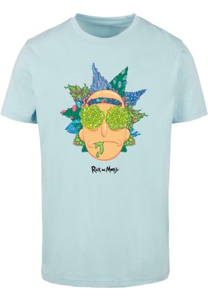 Helles blaues Baumwoll-T-Shirt mit einem Cartoon-Charakter, der runde grüne Sonnenbrillen trägt und bunten, blättrigen Akzenten um den Kopf.