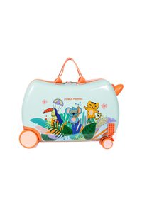 Children's turquoise and orange wheeled suitcase with jungle animal illustrations and "Jungle Friends" text.
