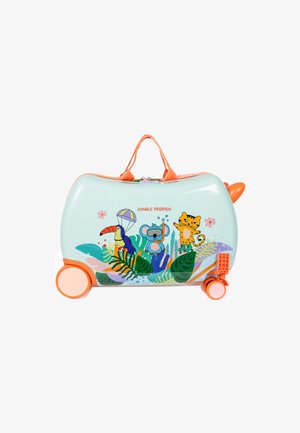 Children's turquoise and orange wheeled suitcase with jungle animal illustrations and "Jungle Friends" text.