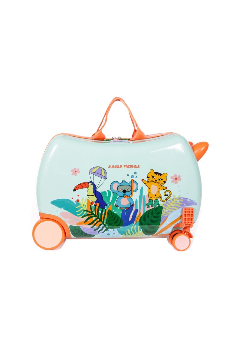 Children's turquoise and orange wheeled suitcase with jungle animal illustrations and "Jungle Friends" text.