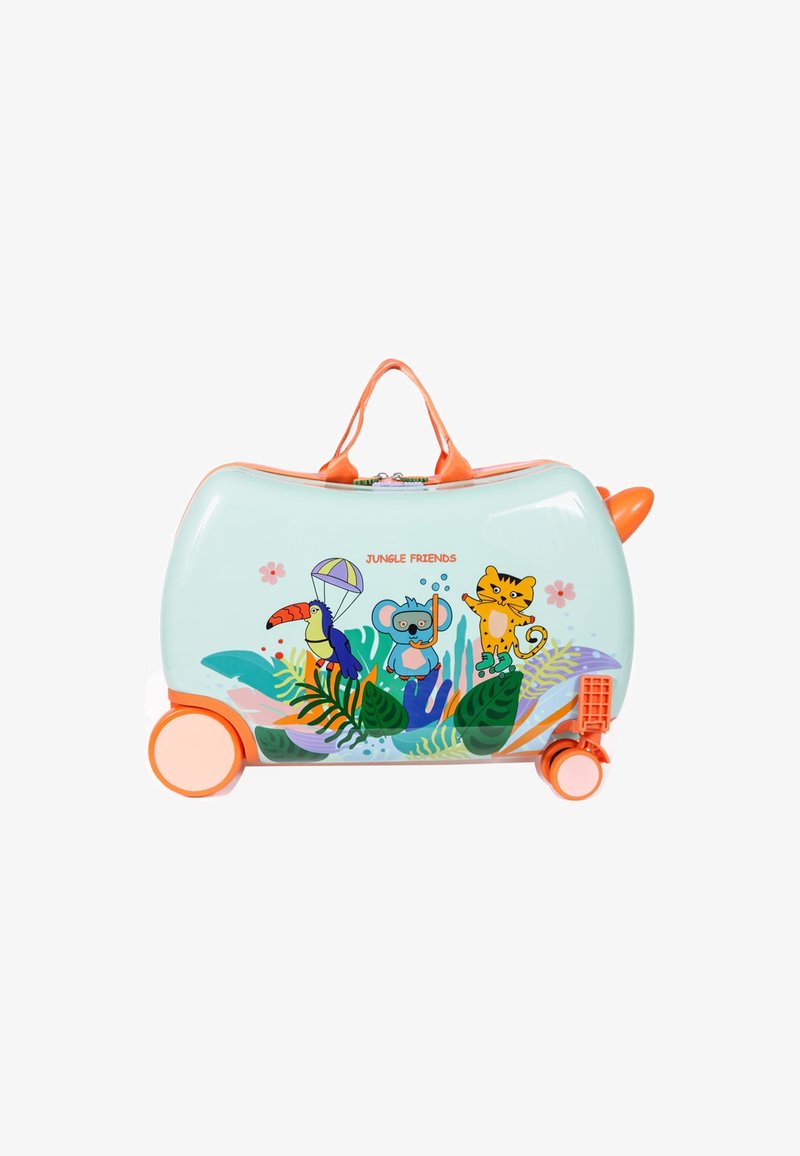 Children's turquoise and orange wheeled suitcase with jungle animal illustrations and "Jungle Friends" text.
