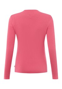 Geribbelde langslijfsweater in felroze, met een ronde hals en een aansluitend ontwerp. Zachte textuur met subtiele rek voor comfort.