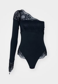 En-skulder bodysuit i mørk marineblå. Har blonder detaljer på skulderen og mansjettene, en tettsittende design og en glatt teksturert kropp.