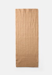 Textured beige scarf featuring vertical ribbing and a ribbed hem. Material appears soft with subtle variations in tone. Size is elongated.