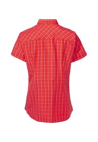 Camicia rossa a maniche corte con motivo a quadri e linee a griglia bianche, colletto a camicia e orlo arrotondato sul retro.