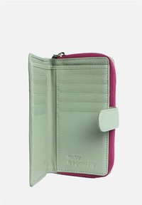 Green and pink zip wallet with multiple card slots, embossed text "today is a good day" and smooth texture. Durable leather material.