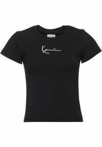 Black cotton t-shirt with short sleeves and a fitted design. Features white embroidered text on the chest. Smooth texture, crew neck style.