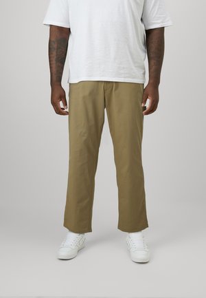 Beige, loose-fitting trousers with a straight design. Worn with a white t-shirt and white sneakers. Smooth texture, no visible patterns.
