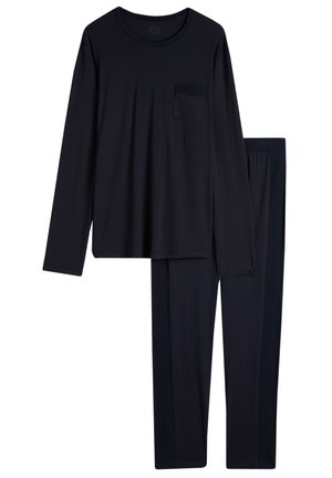 Completo da notte a due pezzi in blu scuro. Maglietta a maniche lunghe con collo tondo e tasca, abbinata a pantaloni con vita elastica. Tessuto in morbido misto cotone.