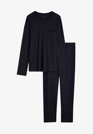 Two-piece sleep set in dark navy. Long-sleeve crewneck top with pocket and matching elastic waist pants. Smooth cotton blend fabric.