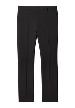 Black tailored dress pants with belt loops, front pockets, and a straight-leg fit, laid flat on a white background.