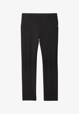 Black tailored dress pants with belt loops, front pockets, and a straight-leg fit, laid flat on a white background.