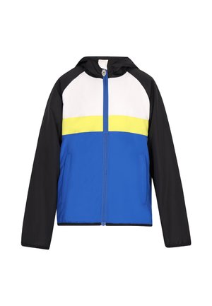 Veste noire à manches avec corps inférieur bleu, corps supérieur blanc, bande horizontale jaune, fermeture éclair à l'avant et capuche.