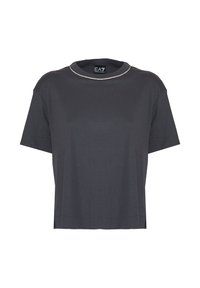 T-shirt corto a maniche corte di colore grigio scuro con scollatura rotonda e un leggero bordo decorativo. Materiale morbido, vestibilità rilassata e design minimal.