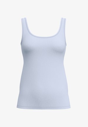 Canottiera azzurra chiara con spalline sottili, realizzata in un tessuto morbido ed elastico. Presenta un design semplice e aderente con una texture liscia.