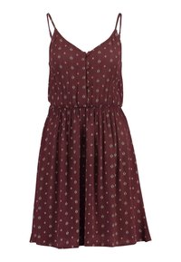 Robe sans manches bordeaux avec un devant à boutons, une taille élastique et un motif floral sur tout le tissu en vert et blanc. Tissu doux et léger.