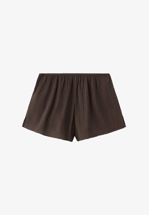 Rjave gubane hlače iz blaga z elastičnim pasom in ohlapnim, zračnim krojem.