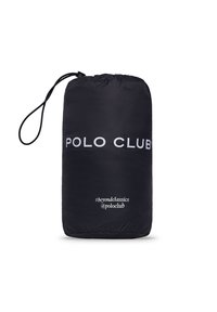 Bolsa de cordón negra fabricada en un tejido suave. Presenta el logo "POLO CLUB" en letras blancas en negrita, junto con el texto "#beyondclassics" y "@poloclub".