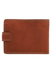 Portafoglio in pelle marrone con finitura texture, forma rettangolare, bordi cuciti e un linguetta laterale per la chiusura. Nessun marchio o motivo visibile.