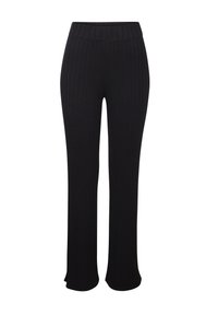 Schwarze, gerippte Hosen mit weitem Bein und breitem, elastischem Bund, die vertikale Linien für Textur und ein glattes Finish aufweisen.