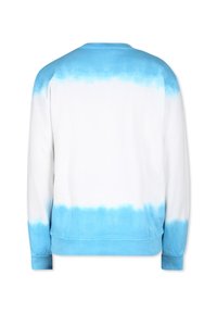 Felpa bianca con effetto tie-dye blu sfumato sulle spalle e l'orlo inferiore. Maniche lunghe con polsini a coste e girocollo.