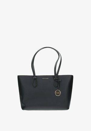 Borsa tote in pelle nera con due manici superiori, caratterizzata da un pendente dorato con il logo MK e da un marchio impresso sul fronte. Tessuto liscio e forma strutturata.