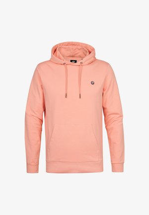 Lichtroze capuchonsweatshirt met voozij-kangoeroezak en trekkoorden, voorzien van een klein rond logo op de linkerborst.