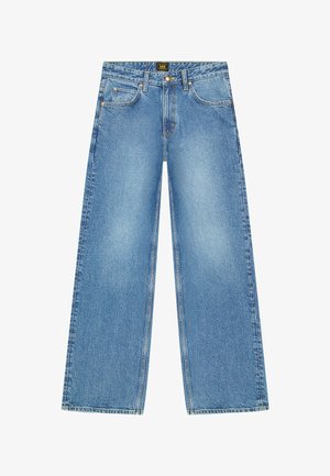 Lichtblauwe wijde jeans van denim, met een klassiek vijf-pocket ontwerp, subtiele vervaging en een zichtbare knoop- en ritssluiting.