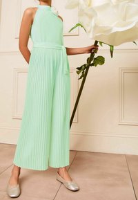 Miętowozielony, plisowany kombinezon z halterem i dopasowanym paskiem. Połącz z metalicznymi płaskimi butami. Duża biała kwiat w tle.