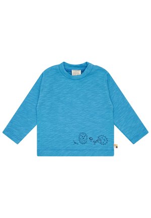 Blue long-sleeve shirt with textured fabric. Features an embroidered design of two hedgehogs and a mushroom near the hem.