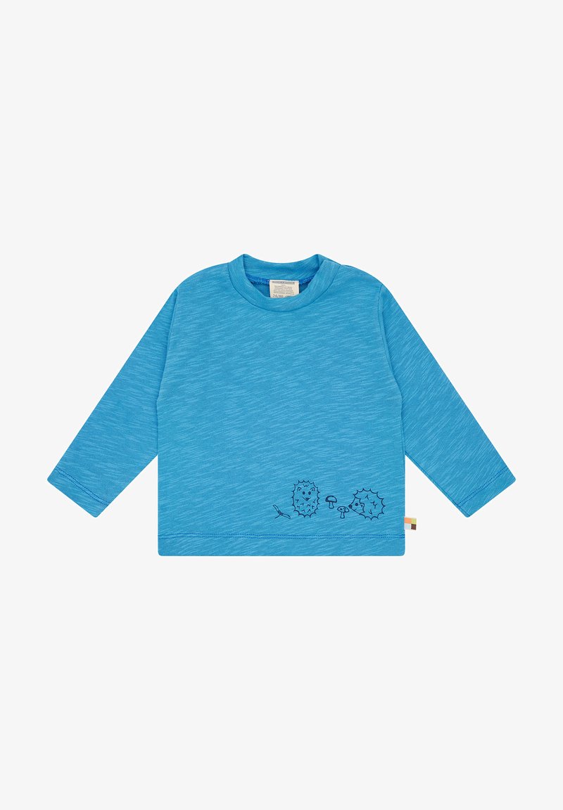 Blaues Langarmhemd aus strukturiertem Stoff. Mit einem gestickten Design von zwei Igeln und einem Pilz in der Nähe des Saums.