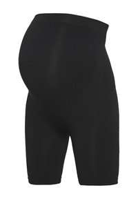 Svarta gravidshorts tillverkade av stretchigt material, med resårmidja och en kroppsnära design för att rymma en växande mage.