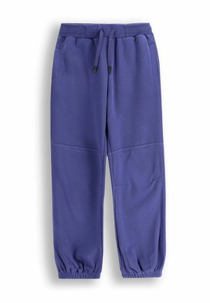 Fioletowe dresy z elastycznym paskiem na sznurek, elastycznymi mankietami i dwiema bocznymi kieszeniami. Gładka tekstura i minimalistyczny design.