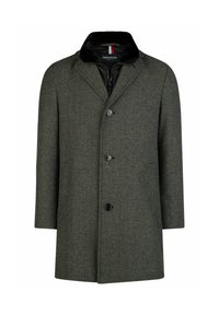 Grijze houndstooth wolmix jas met een geknopt kraag, vijf knopen aan de voorkant en twee zijzakken. Voering met rits sluiting.