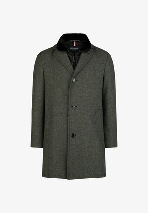 Sivý kabát z vlnenej zmesi s houndstooth vzorom, s klopovým golierom, predným zapínaním na päť gombíkov a dvoma bočnými vreckami. Podšívka s ná plávacím zipsom.