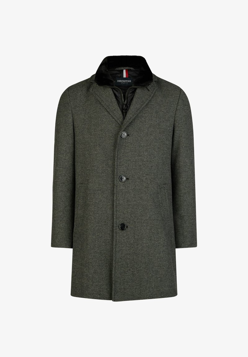 Grijze houndstooth wolmix jas met een geknopt kraag, vijf knopen aan de voorkant en twee zijzakken. Voering met rits sluiting.