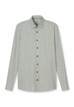 Langärmliges Hemd aus hellgrauem Stoff mit einer Knopfleiste vorne in schwarzer Farbe, einem spitzen Kragen und seitlichen Schlitzen.