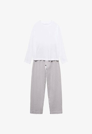 White long-sleeve top paired with gray and white striped wide-leg pants. The fabric appears soft and breathable, suitable for casual wear.