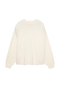 Sweter w kolorze kremowym, okrągłym dekoltem i długim rękawem, o luźnym kroju, wykonany z miękkiego materiału dzianinowego. Posiada ściągacze u dołu i na rękawach. Gładka faktura.