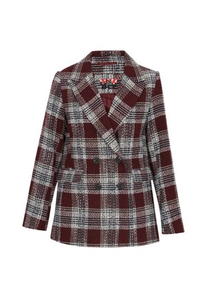 Blazer doppiopetto bordeaux e grigio a quadri con rever a punta, bottoni neri e finitura in tessuto testurizzato.